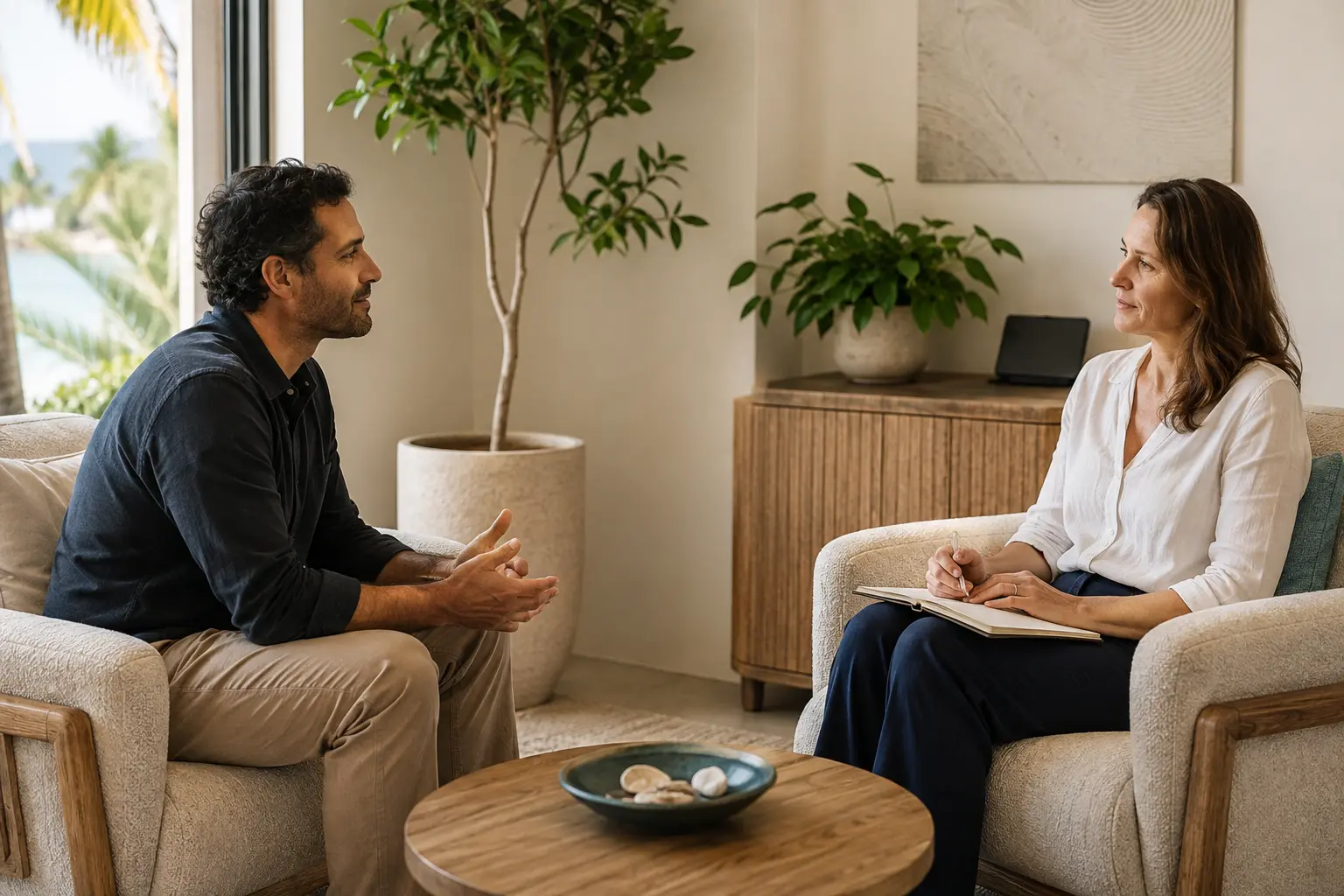 A patient and therapist in a calm follow-up conversation
