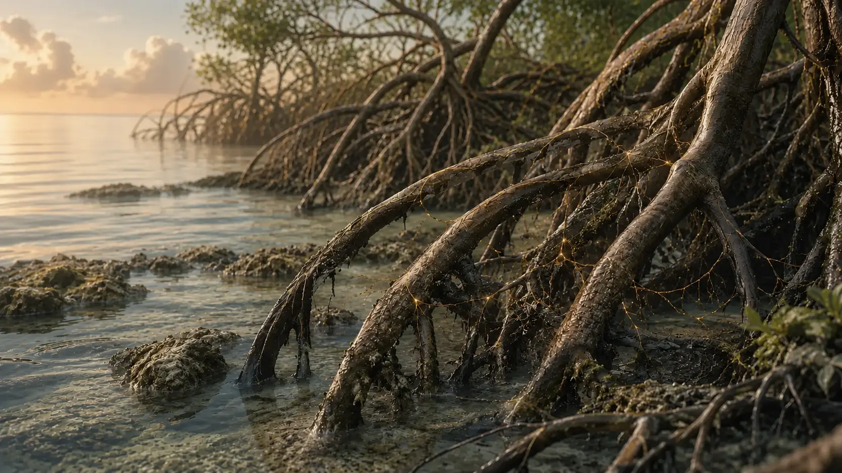 Mangrove roots in warm morning light echoing connected neural pathways