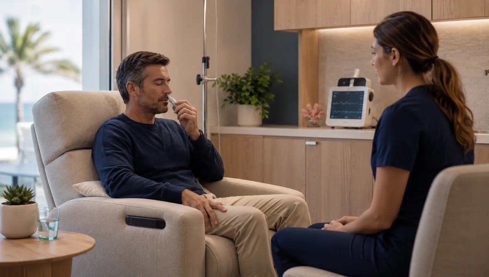 A patient receiving supervised intranasal treatment