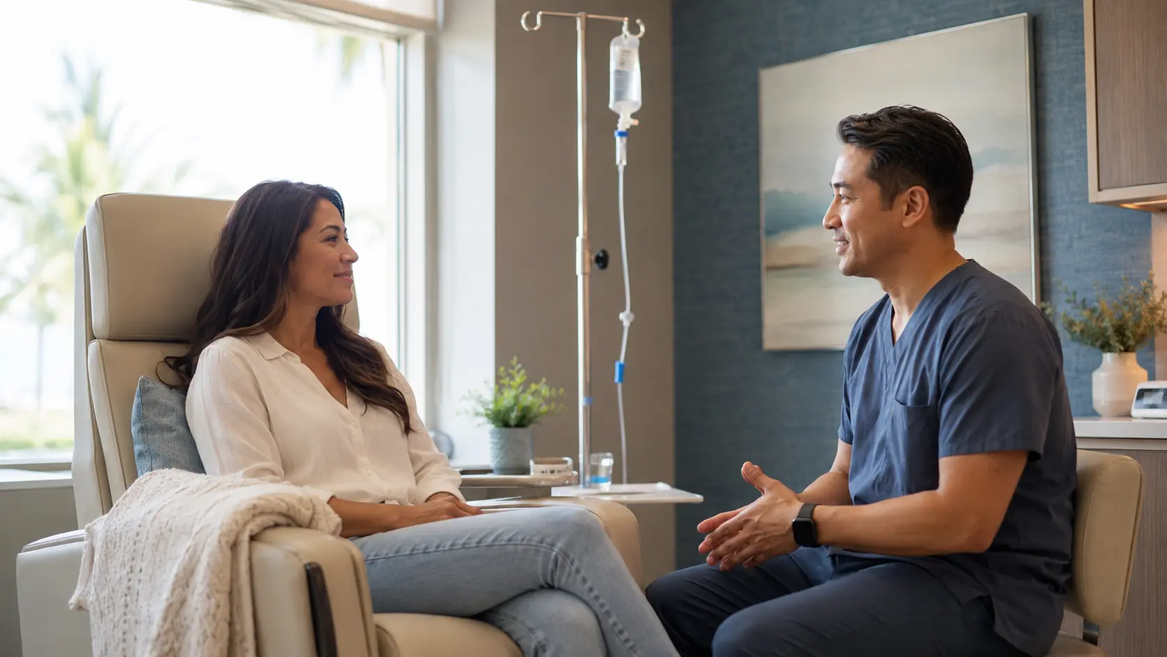 A clinician speaking with a patient in a calm treatment room